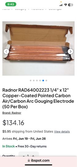 Radnor 1/4" x 12" Copper-Coated Pointed Carbon Air/Carbon Arc Gouging Electrode (50 Per Box)
