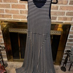 Ladies Womens sz Large Spense black & brown striped sleeveless fun maxi dress 