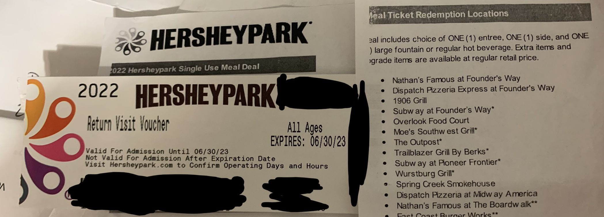 4 Hershey Amusement Park Tickets + 2 Food Vouchers!! Take family! 