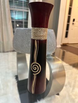 Burgundy & Black Decorative Wood Vase with Rope Detail – 12”