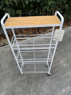 White Metal Rolling Cart with Bamboo Top
