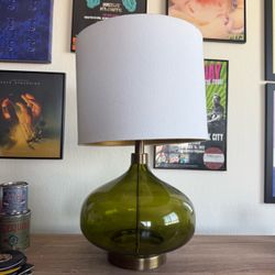 Green Glass Table Lamp with Drum Shade