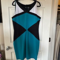 XL TEAL, WHITE, BLACK COLOR BLOCK DRESS