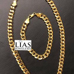 New 18k Yellow Gold Cuban Link Chain And Bracelet 