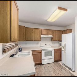 KITCHEN CABINET SET, COUNTERTOPS, SINK FAUCET, GAS STOVE AND RANGE HOOD