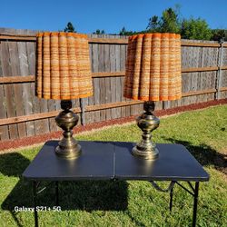 Pair Of  Mid-Century Brass Lamps With Orange Textured Lampshades 