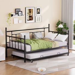 🎊BRAND NEW🎊Twin Size Metal Daybed with Pull Out Trundle, Modern 2 in 1 Sofa Bed Frame for Kids Teens Adults,Single Daybed Sofa Bed Frame for Bedroom