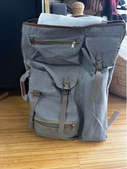 Large Canvas Travel Backpack / Duffle Bag – Gray | Military Style | Multiple Pockets