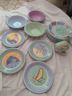 12 piece Tropical plates, bowls ceramic coastal beach decor