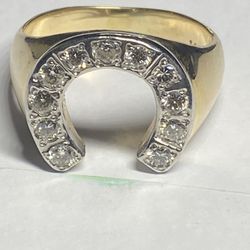 Heavy Gold Diamond Horseshoe Ring Gold 14K Size 11.5