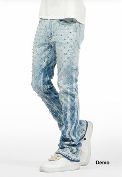 Rockstar Original Glit Blue Rhinestone Stacked Flare Jean (Size 38)