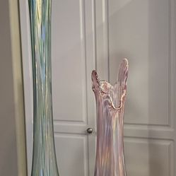 Hand Blown Glass tall Fluted Vases.  Ornamental Blown Glass.  