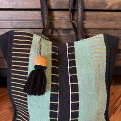 America and Beyond Embellished Tote Tassel Green And Black Beach Travel EUC