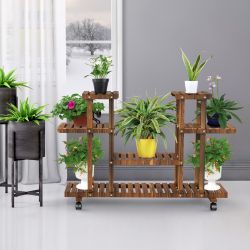 Rolling Wooden Plant Display Stand Shelf for Indoor/Outdoor