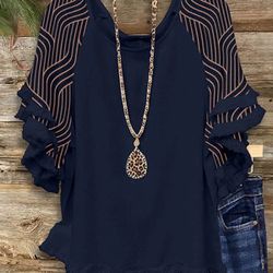 Women’s Size L Navy Blue Rules Line Print Fringed Blouse, NEW