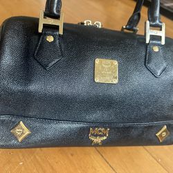 MCM Black Leather Studded Small Heritage Boston Bag