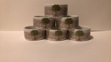 Collectible SHAFFORD PORCELAIN NAPKIN RINGS, Set of 6, Tree & Brick Wall, with Box JAPAN 