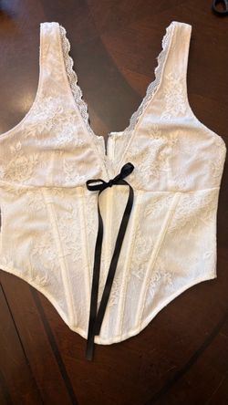 White Fox Cream Sheer Floral Lace Boned Corset Crop Top Black Bow Front Zip Medium