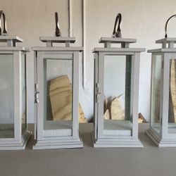 White Indoor/Outdoor Lanters - Metal Frame And Glass Window Panes - Set Of 4
