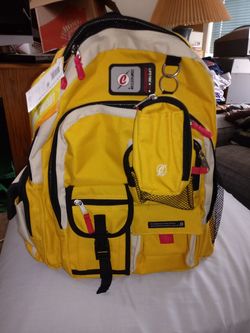Yellow and black messenger style strap backpack