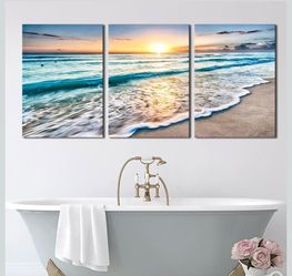 TutuBeer 3 Panel Beach Canvas Wall Art  Blue Sea Sunset