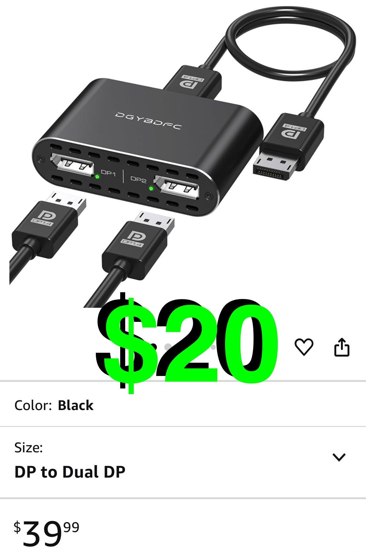 DGYBDFC - DisplayPort to Dual DisplayPort Splitter Dual 4K120Hz or 4K144Hz+4K60Hz Extend/Copy Display Adapter SST/MST Display Port Splitter for 2 Moni
