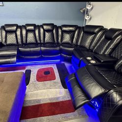 Power Electric Black Leather Reclining Sectional Couch 