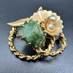 Vintage Gold Tone Faux Pearl With Green Stone Brooch