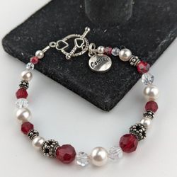 Beautiful 7.5" 925 Silver Bracelet W/ Crystal Glass Red Rhinestone and Faux Pearls 