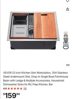 VEVOR 23 inch Kitchen Sink Workstation, 304 Stainless Steel Undermount Sink, Drop-In Single Bowl Farmhouse Basin with Ledge & Multiple Accessories, Ho