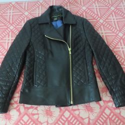 Shanghai Tang Womens Leather Jacket Black Quilted Asymmetric Zip 6