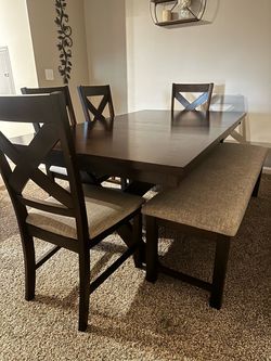 Pollie Brown Wood Farmhouse Rectangular 72-90" Extendable Dining Table With Bench + Side Chair Set For 6 (7 piece set)