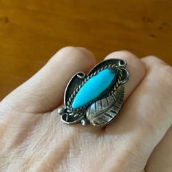 Vintage Sterling Silver Feather Turquoise Ring size 6