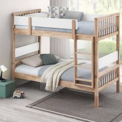 Twin over Twin Bunk Bed in Natural Wood Finish with Attached Ladder! Lowest Prices! 