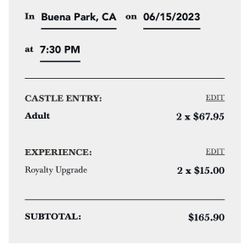 2 Adult Passes To Medieval Times With Royalty Upgrade