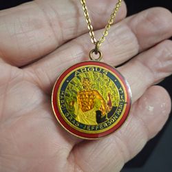Vintage 1972 Hand-enameled Mardi Gras Doubloon Pendant Necklace-Krewe Of Argus In Jefferson Parish La On 24" Goldtone Rolo Chain