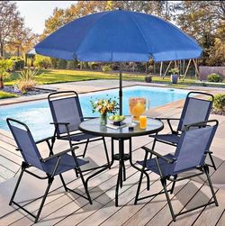 6 Piece Patio Furniture Set with Umbrella, Outdoor Patio Dining Set with 4 Folding Chairs and Temper