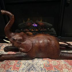 Vintage Leather Wrapped Elephant Laying Down Statue