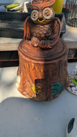 Vintage 1970s Winking Owl on Tree Stump Ceramic Cookie Jar - Retro Kitsch