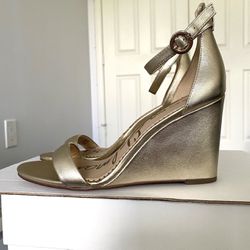 Sam Edelman Gold Ankle Strap Wedge Sandals 7.5 Retail $165