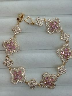 Gold-Tone Clover Link Bracelet with Pink Stones