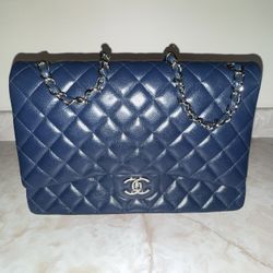 Authentic Chanel Classic Double Flap Bag – Blue Caviar Leather with Silver Hardware