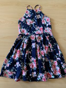 Navy blue flowered flared dress misses size L