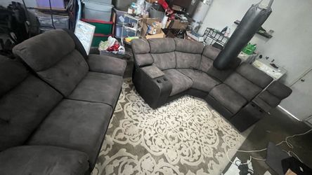 Dark Gray Microfiber Reclining Sectional Sofa with Cup Holders