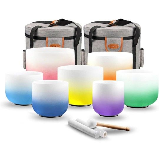432 hz 7-12 Inch Set of 7 Pcs Gradient Design Quartz Crystal Singing Bowl Chakra Set with Free 2 pcs Carrying Case