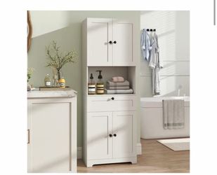 Tall Modern Freestanding Floor Storage Cabinet with 4 Doors and 1 Drawer
