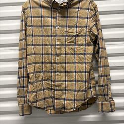 Old Navy Beige Blue Orange Plaid Woven Cotton Slim Fit Button-Up Shirt Men's S