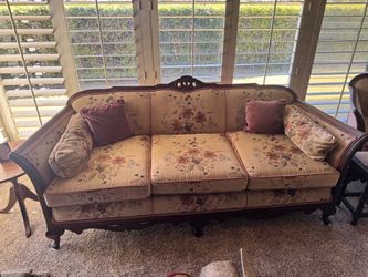 antique gooseneck floral-upholstered camelback floral sofa couch