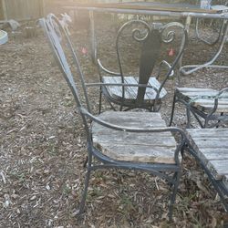 Outdoor Chairs, 4 Solid Wrought Iron And Wood 