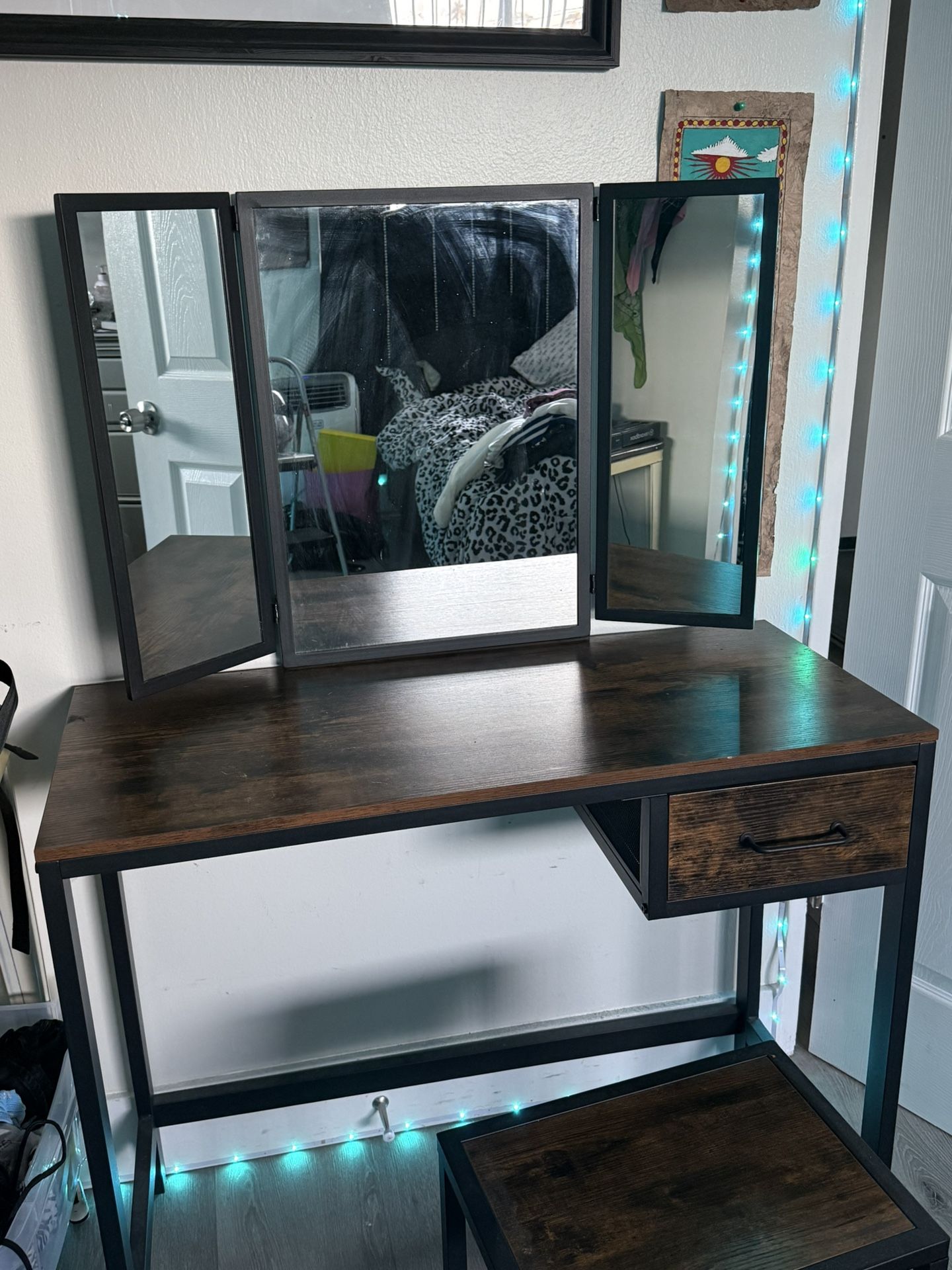 Brown Wood Vanity With Mirror + Stool